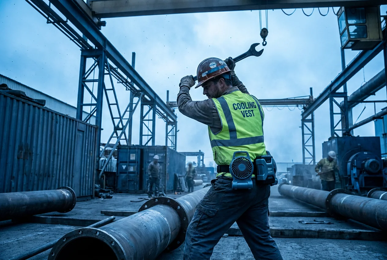 Fan-cooled vest worn by an active worker