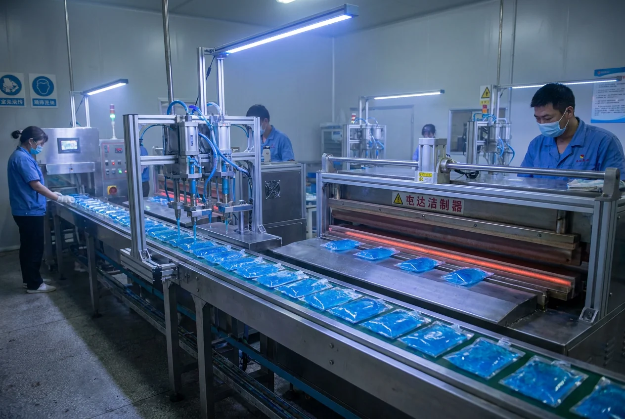 Filling and heat-sealing line for gel ice packs