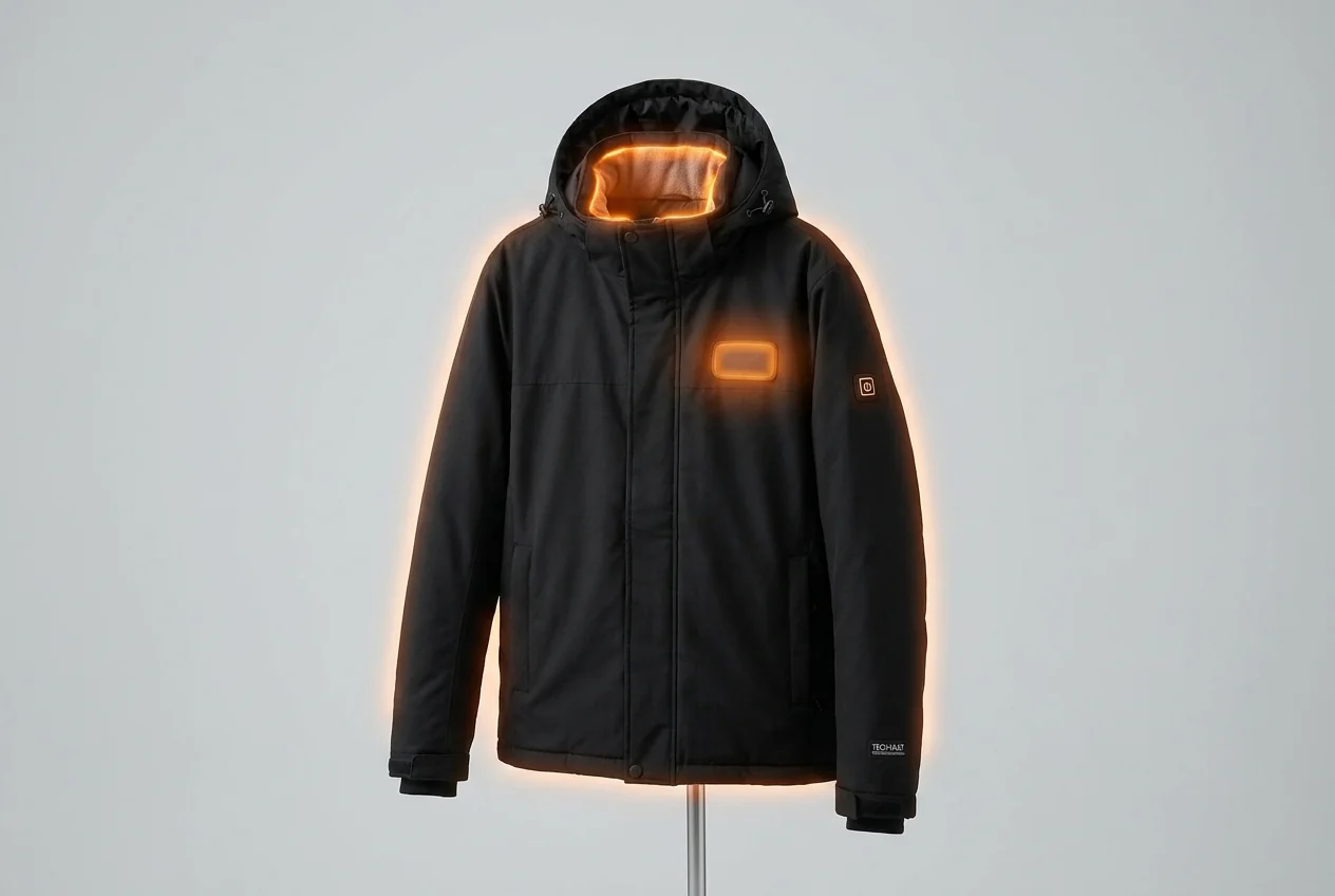 Battery-heated jacket with collar, chest, and back heating