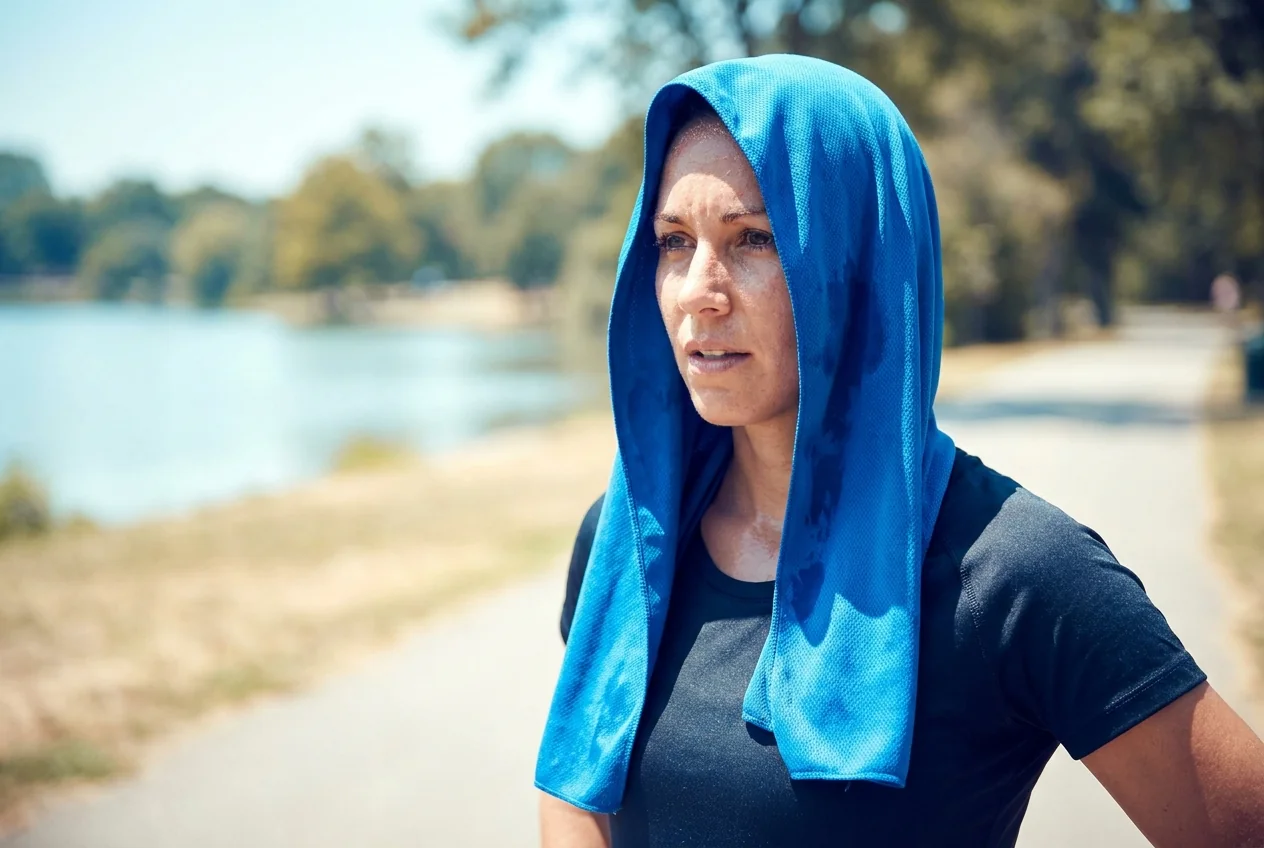 Cooling hoodie towel draped over the head and neck