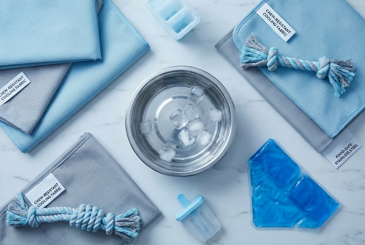 Chew-resistant pet cooling materials and a food-safe cooling bowl