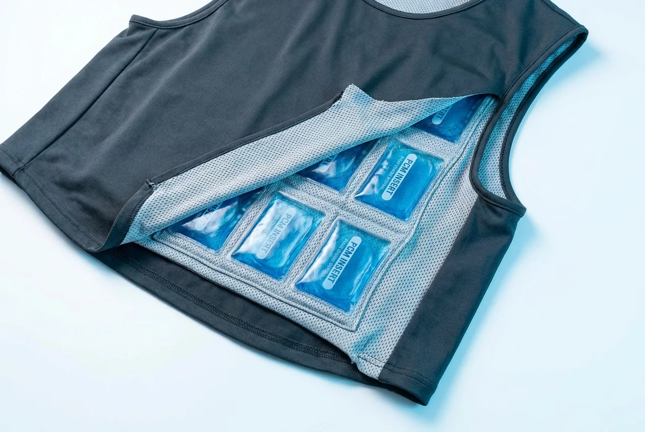PCM cooling vest with phase-change inserts sewn into the panels